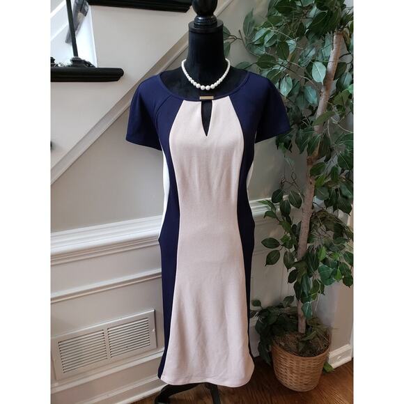 Sandra Darren Sheath Dress Womens Size 20W White Blue Short Sleeve Keyhole Neck - Picture 1 of 12